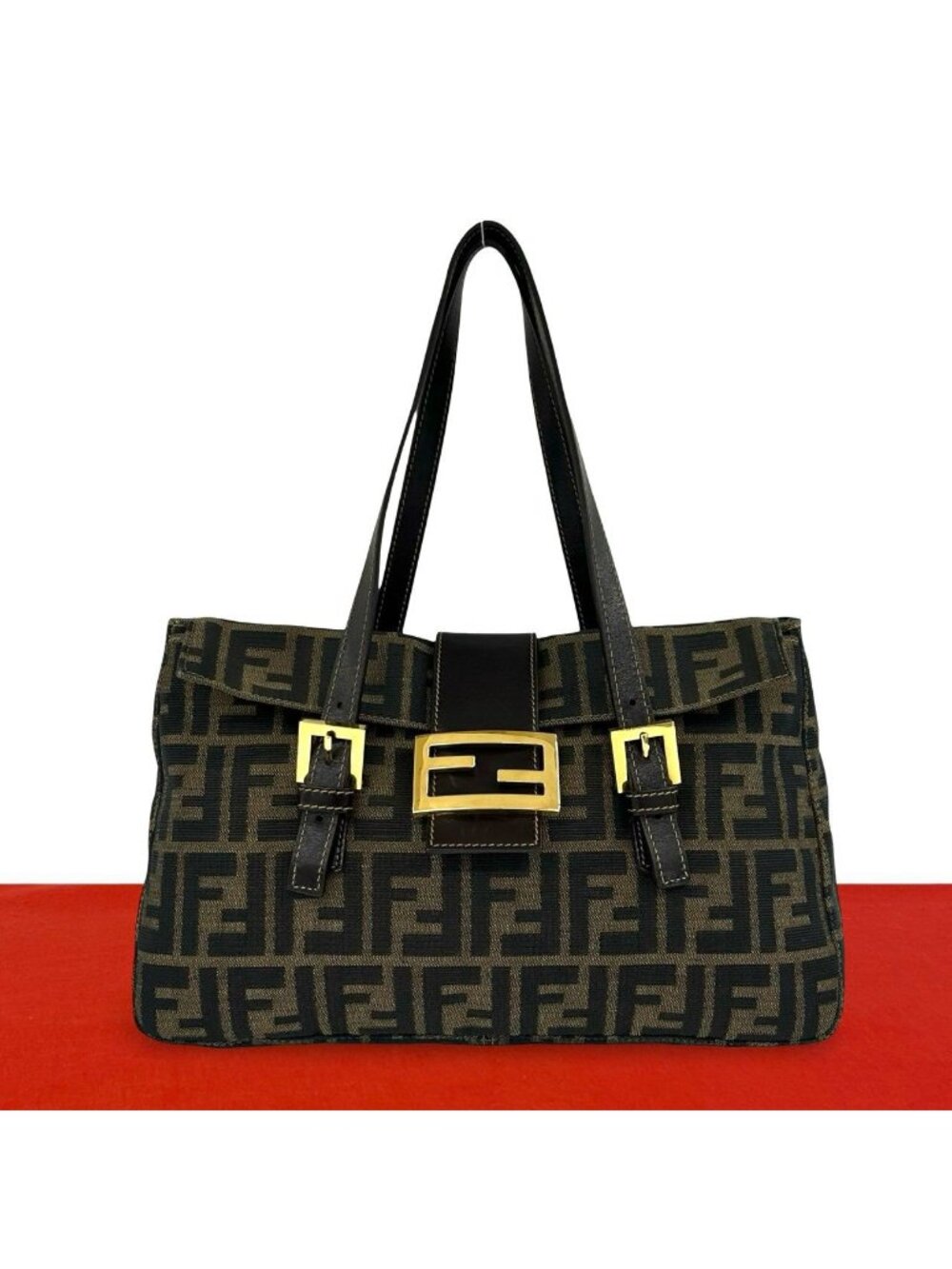 Fendi Vintage Zucca FF Pattern Canvas Leather Tote Bag Brown Black